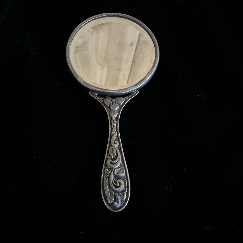 Vintage Small Repousse Silverplate Hand Mirror Hans Jensen Denmark Art Nouveau
